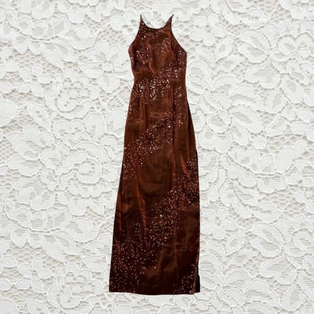 vintage orange metallic beaded evening maxi dress with open‎ back and side slit - Picture 2 of 8